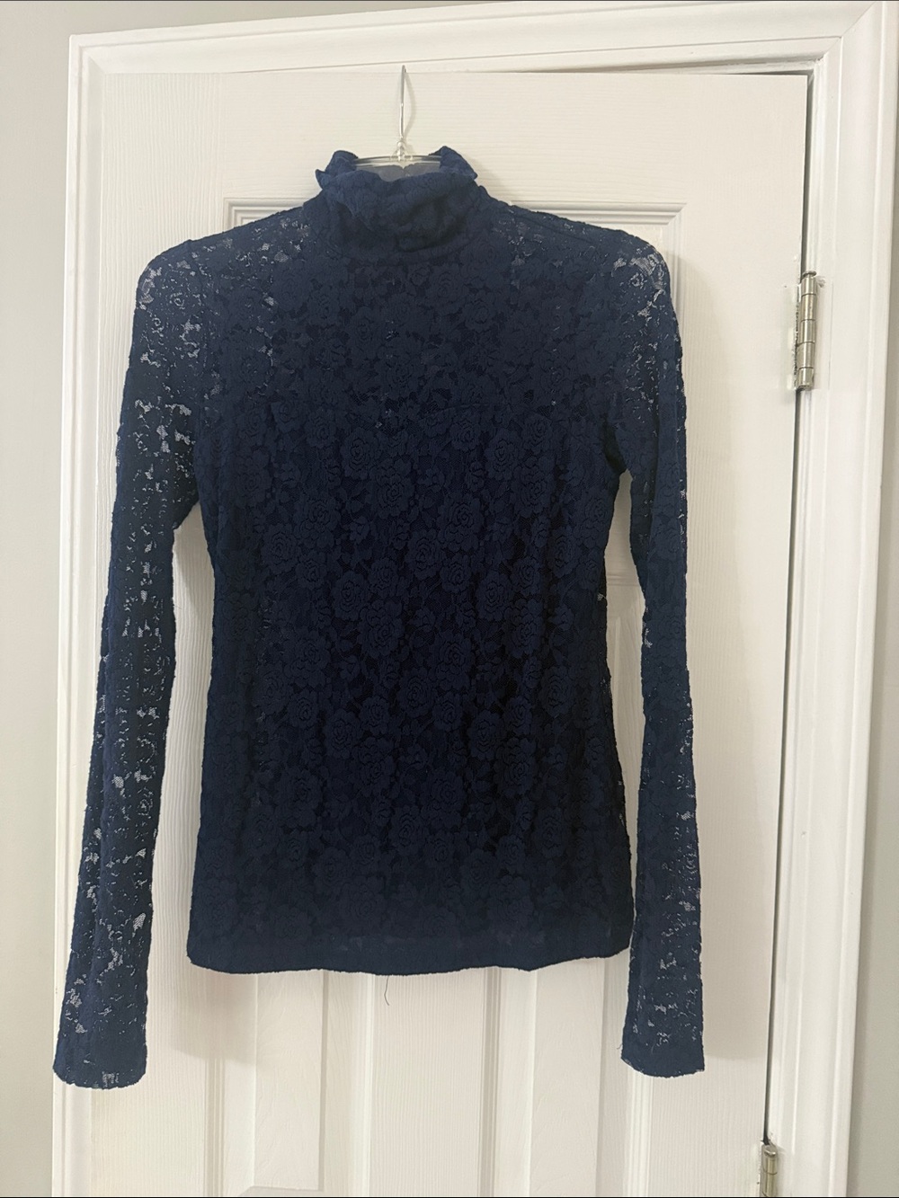Navy Floral Lace Mock Neck Long-Sleeve Top